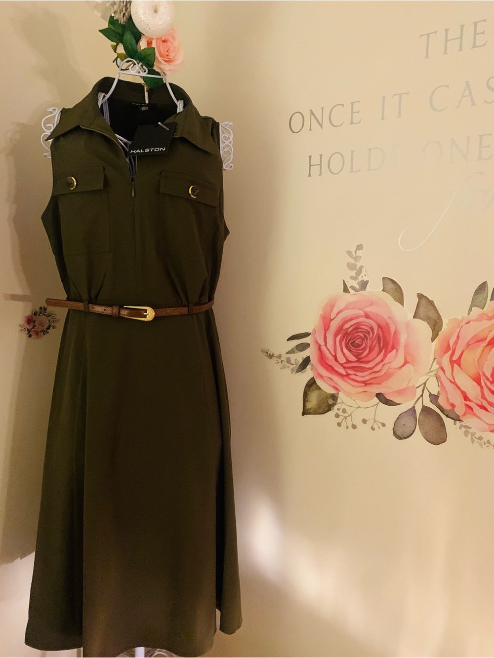 Halston Heritage Sage Green Sleeveless Belted Shirt Dress Luxe Style SZ 12